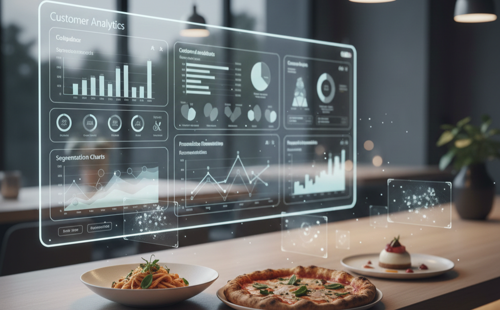 A realistic photo of a modern restaurant counter with a digital interface overlay showing customer analytics