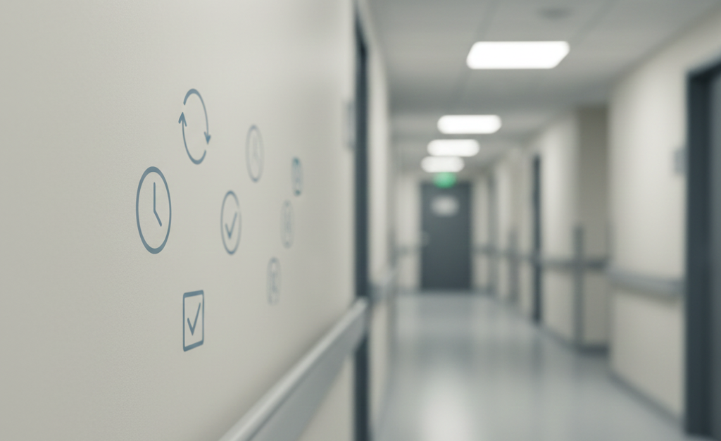 Hospital corridor with subtle digital elements representing Healthcare Digital Transformation for IT Efficiency and improved workflow.